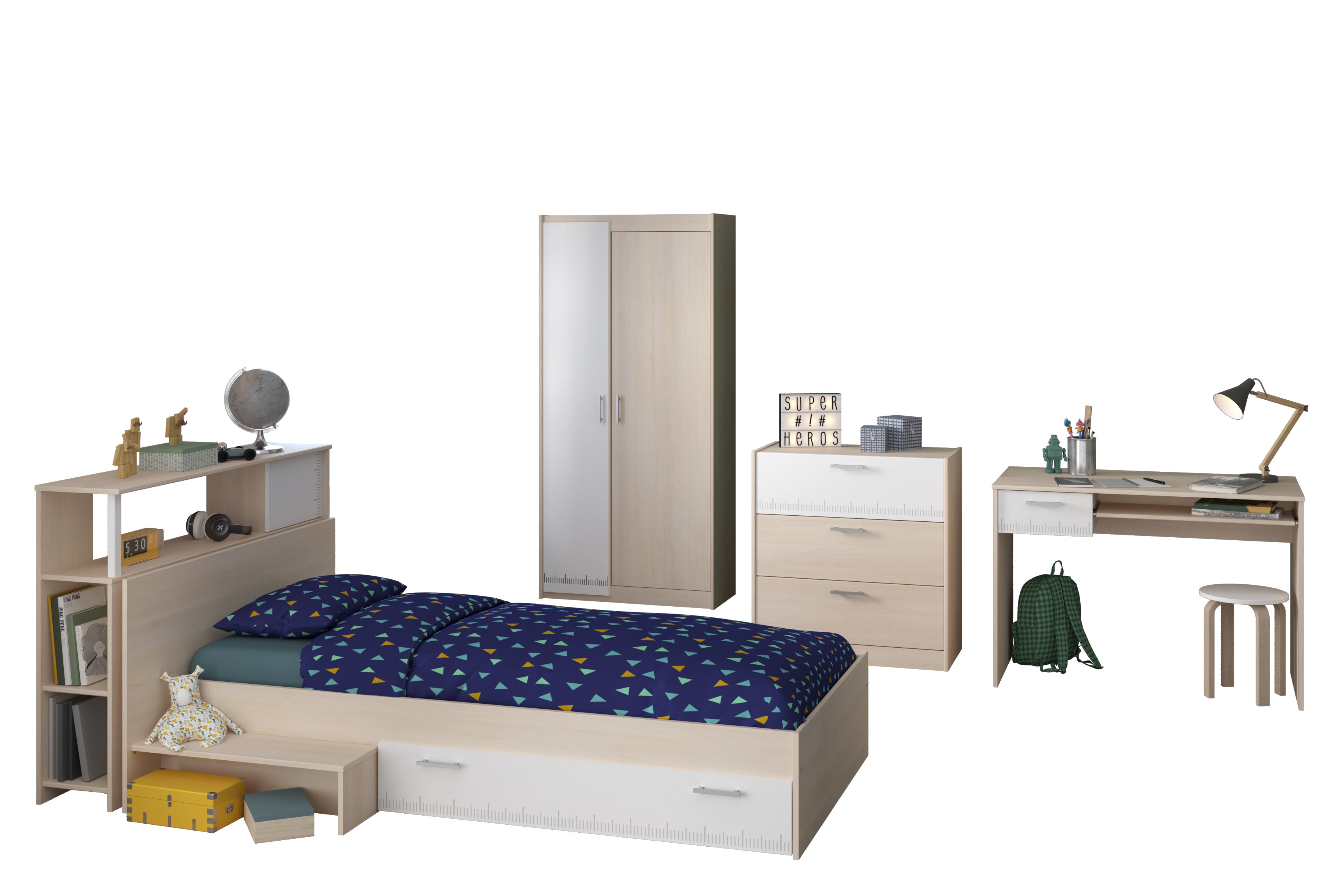 Parisot - Charly 8 | Jugendzimmer Set – Bett 120 x 200 cm, Kleiderschrank, Kommode & Schreibtisch – Komplettes Kinderzimmer Möbelset