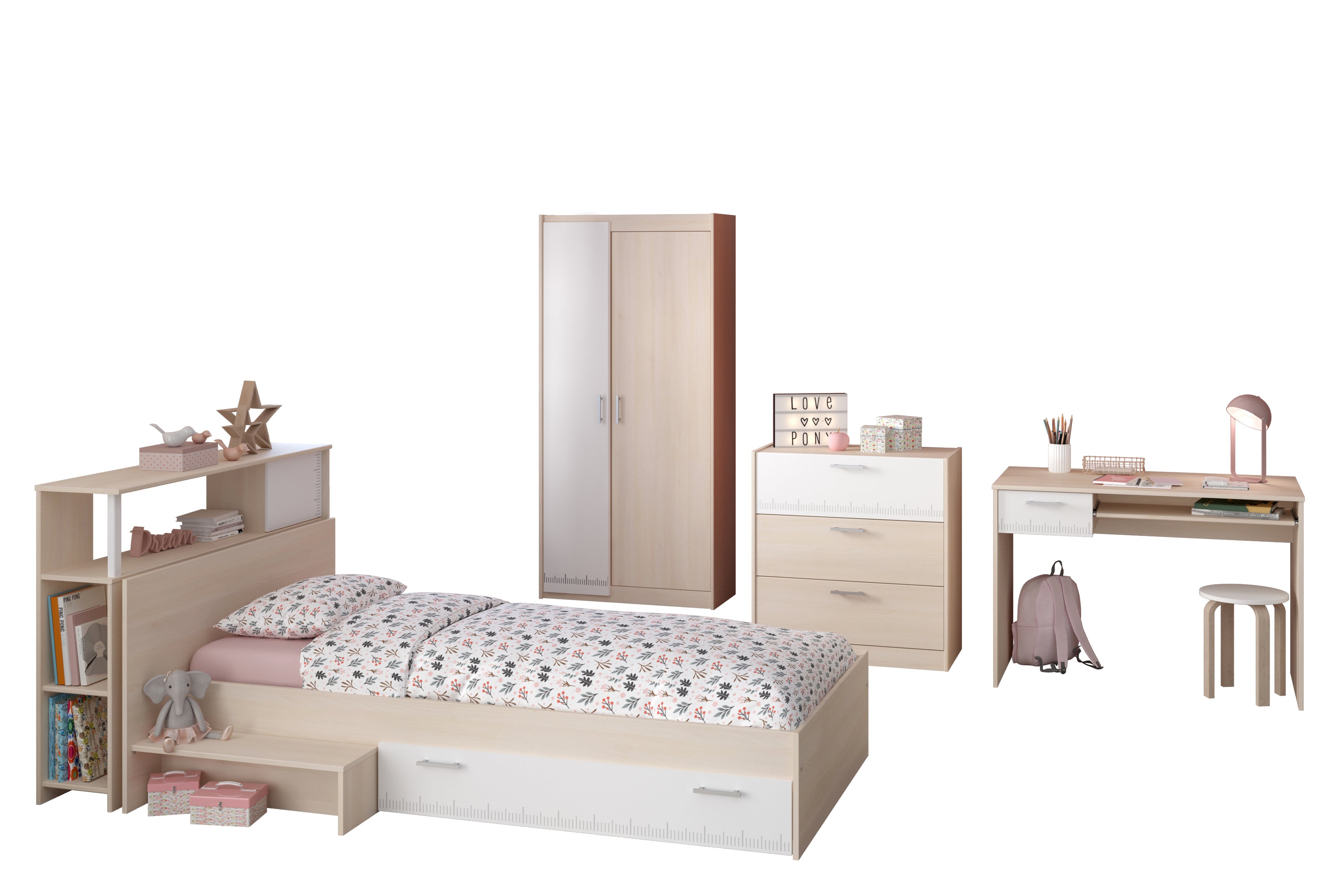Parisot - Charly 8 | Jugendzimmer Set – Bett 120 x 200 cm, Kleiderschrank, Kommode & Schreibtisch – Komplettes Kinderzimmer Möbelset