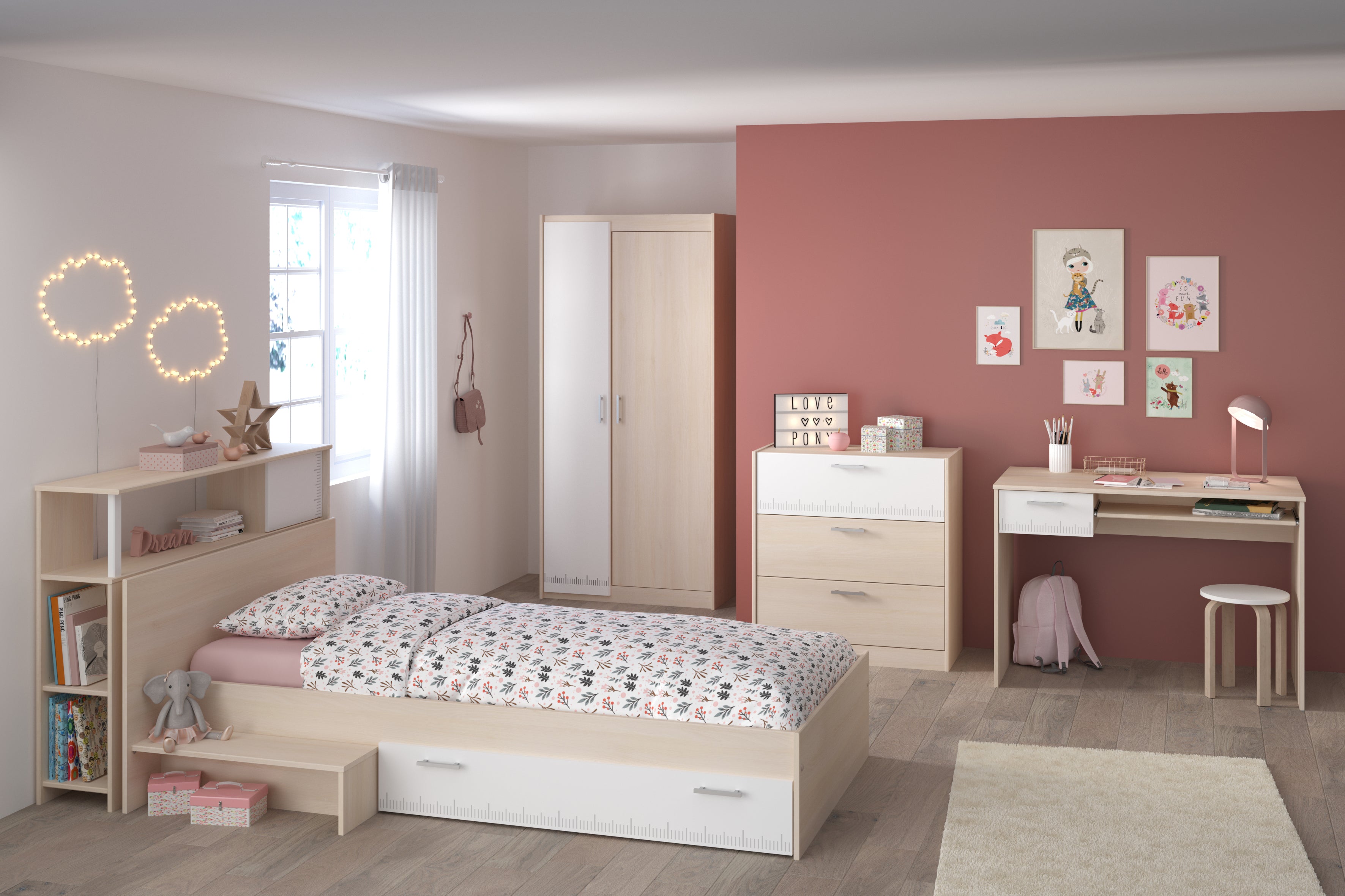 Parisot - Charly 8 | Jugendzimmer Set – Bett 120 x 200 cm, Kleiderschrank, Kommode & Schreibtisch – Komplettes Kinderzimmer Möbelset