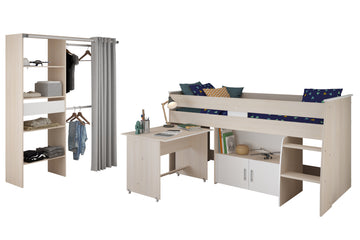 Parisot - Charly 22 | Jugendzimmer Set – Hochbett mit ausziehbarem Schreibtisch & Kleiderschrank, platzsparendes Möbel-Set mit Stauraum & Vorhang