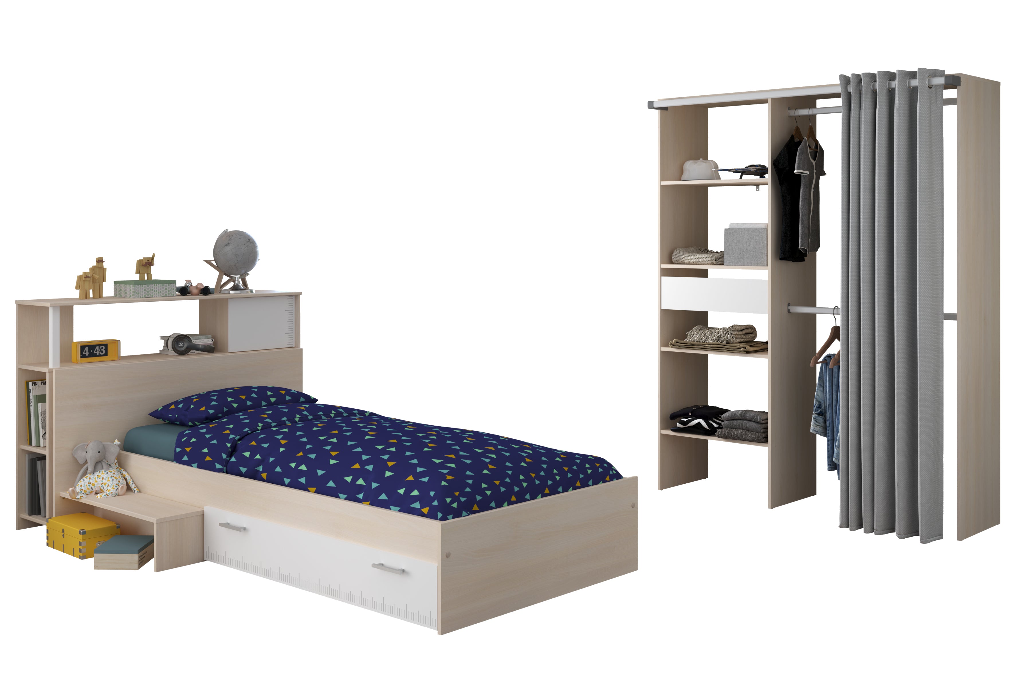 Parisot - Charly 23 | Kinderbett 90x200 mit Stauraum & Kleiderschrank | Komplettes Kinderzimmer-Set
