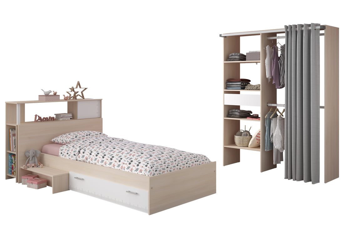 Parisot - Charly 23 | Kinderbett 90x200 mit Stauraum & Kleiderschrank | Komplettes Kinderzimmer-Set
