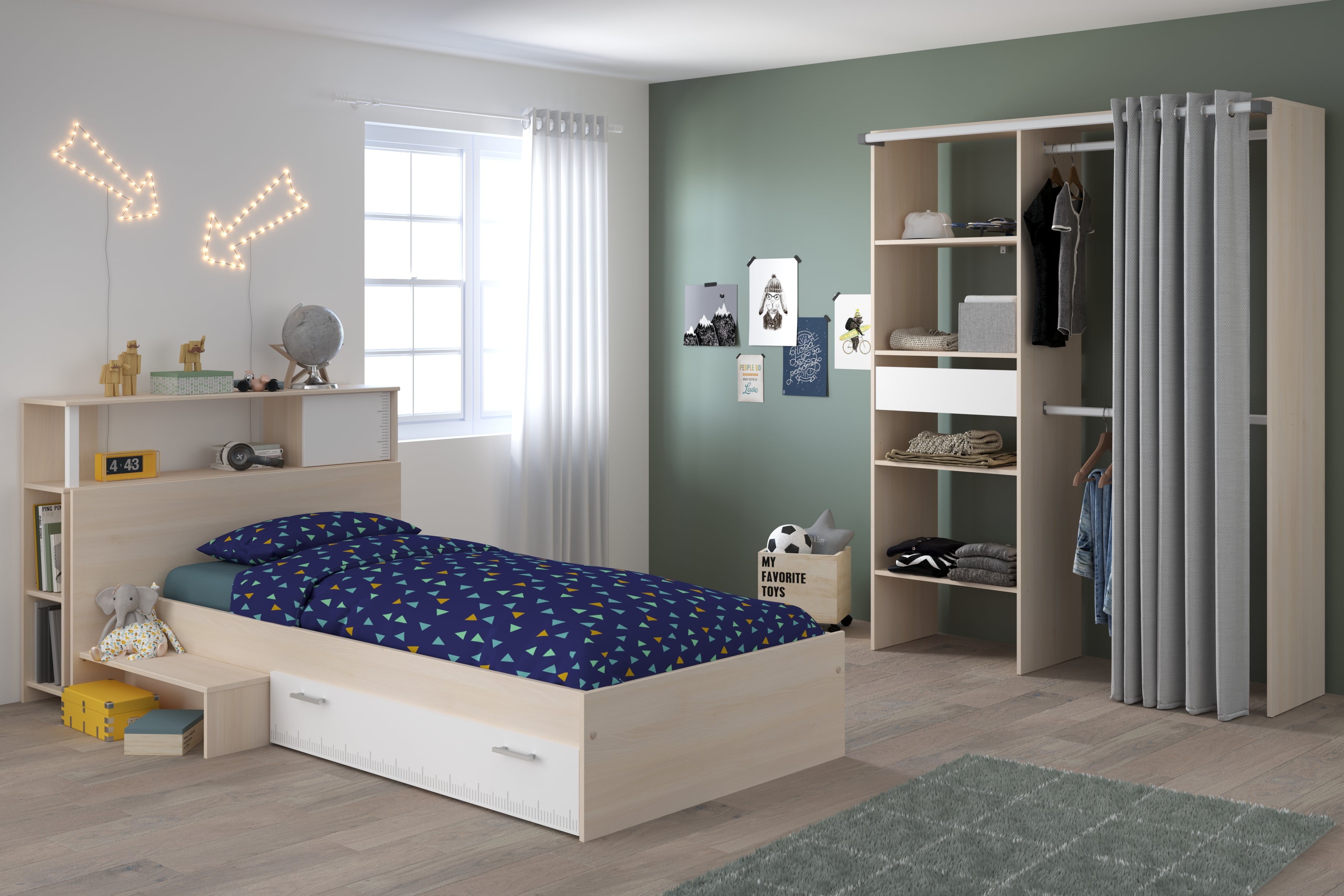 Parisot - Charly 23 | Kinderbett 90x200 mit Stauraum & Kleiderschrank | Komplettes Kinderzimmer-Set