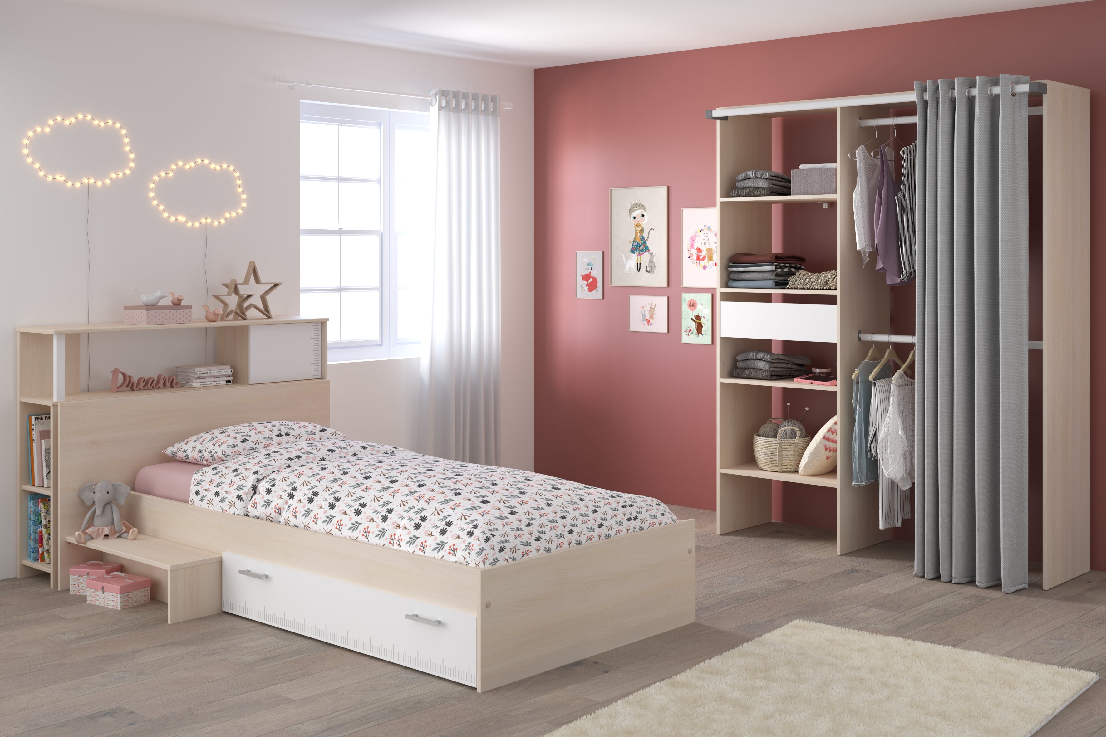 Parisot - Charly 23 | Kinderbett 90x200 mit Stauraum & Kleiderschrank | Komplettes Kinderzimmer-Set
