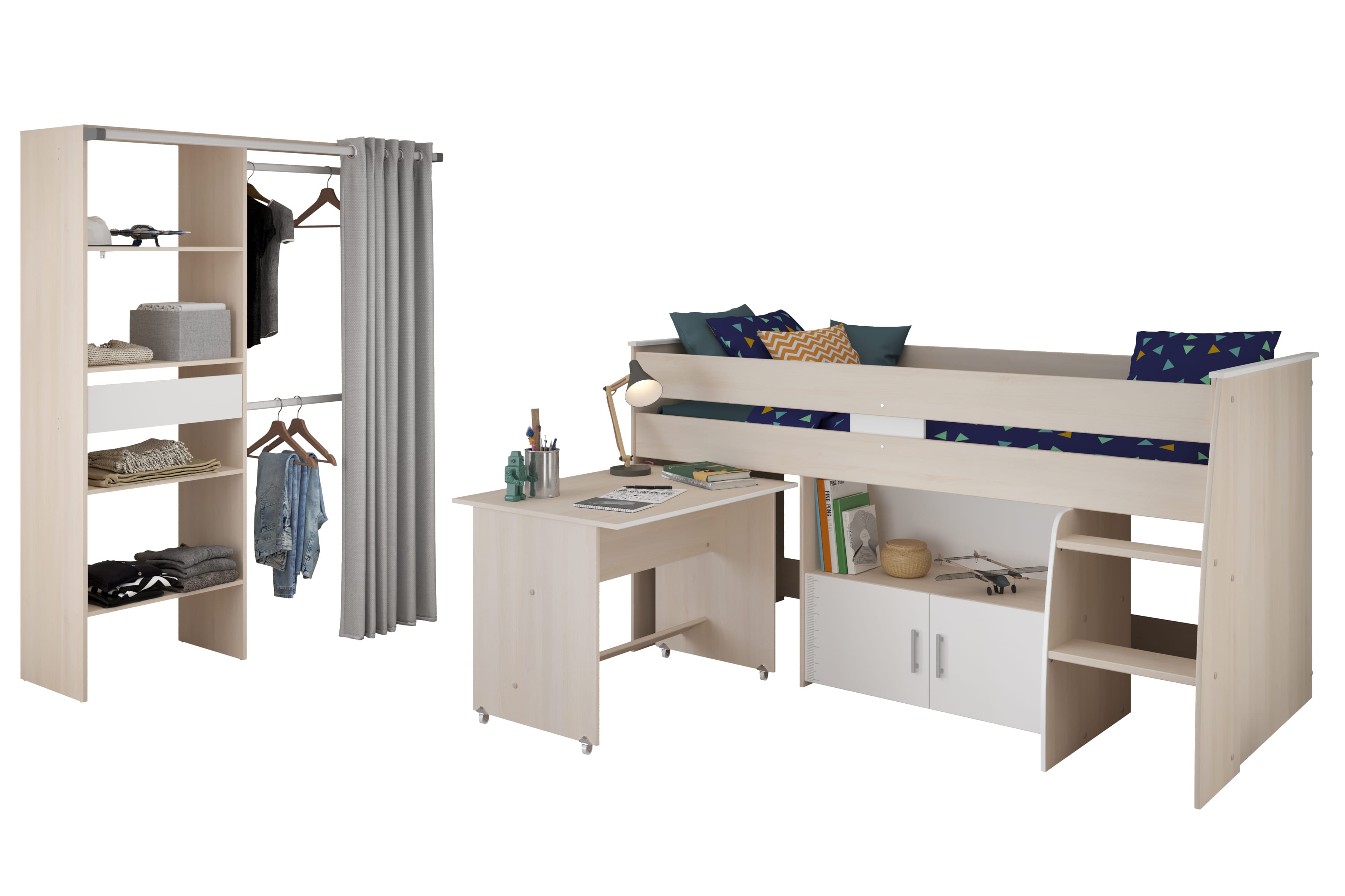 Parisot Charly 22 Jugendzimmer Set mit Hochbett, Schreibtisch, Kleiderschrank & Stauraum