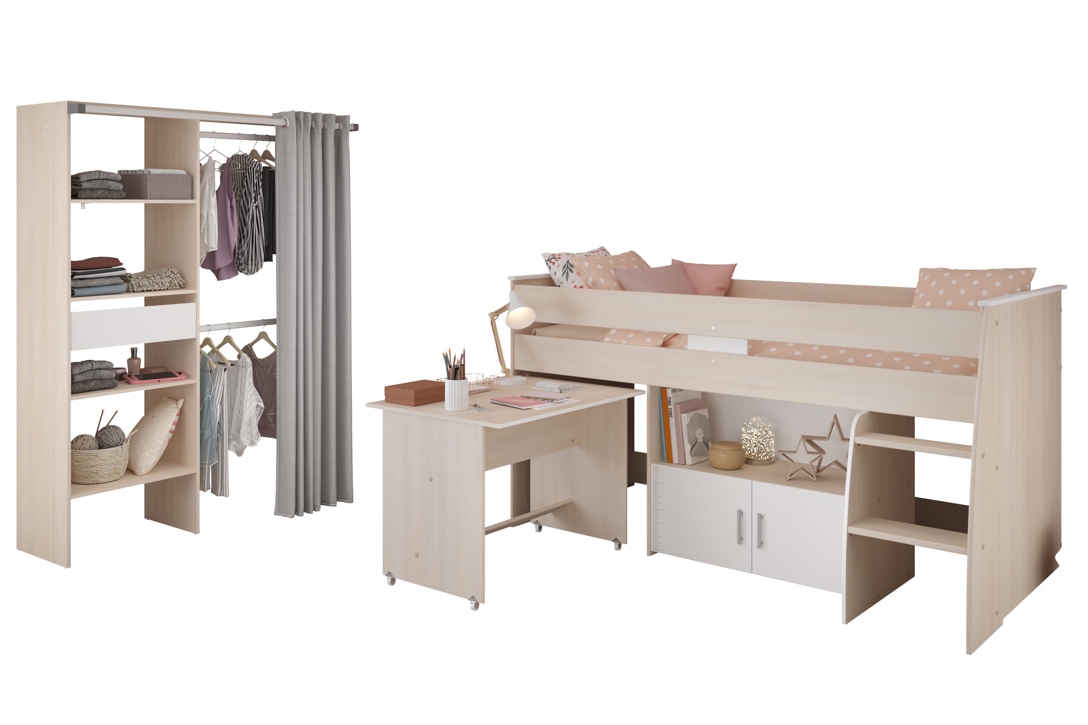 Parisot Charly 22 Jugendzimmer Set mit Hochbett, Schreibtisch, Kleiderschrank & Stauraum