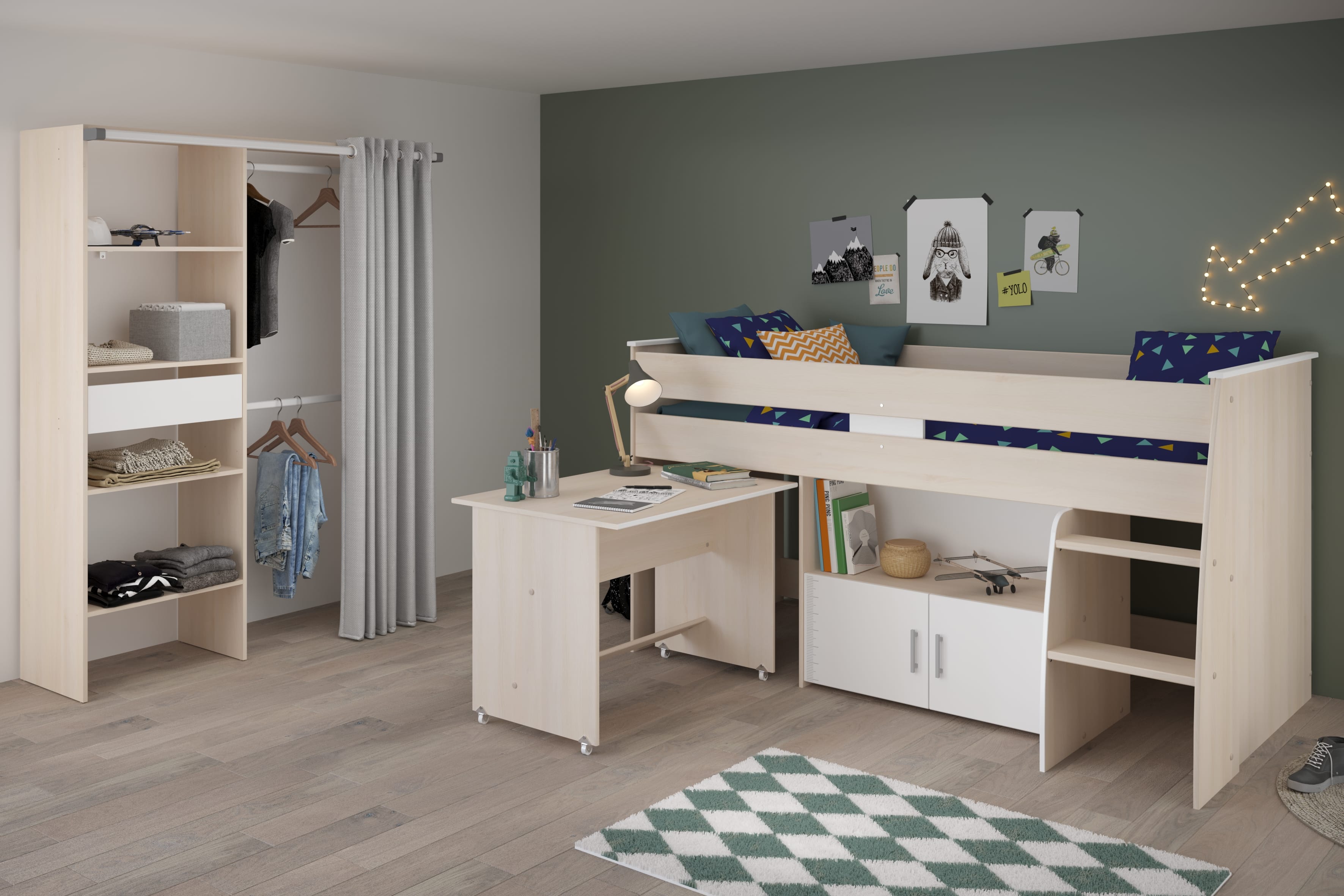Parisot Charly 22 Jugendzimmer Set mit Hochbett, Schreibtisch, Kleiderschrank & Stauraum