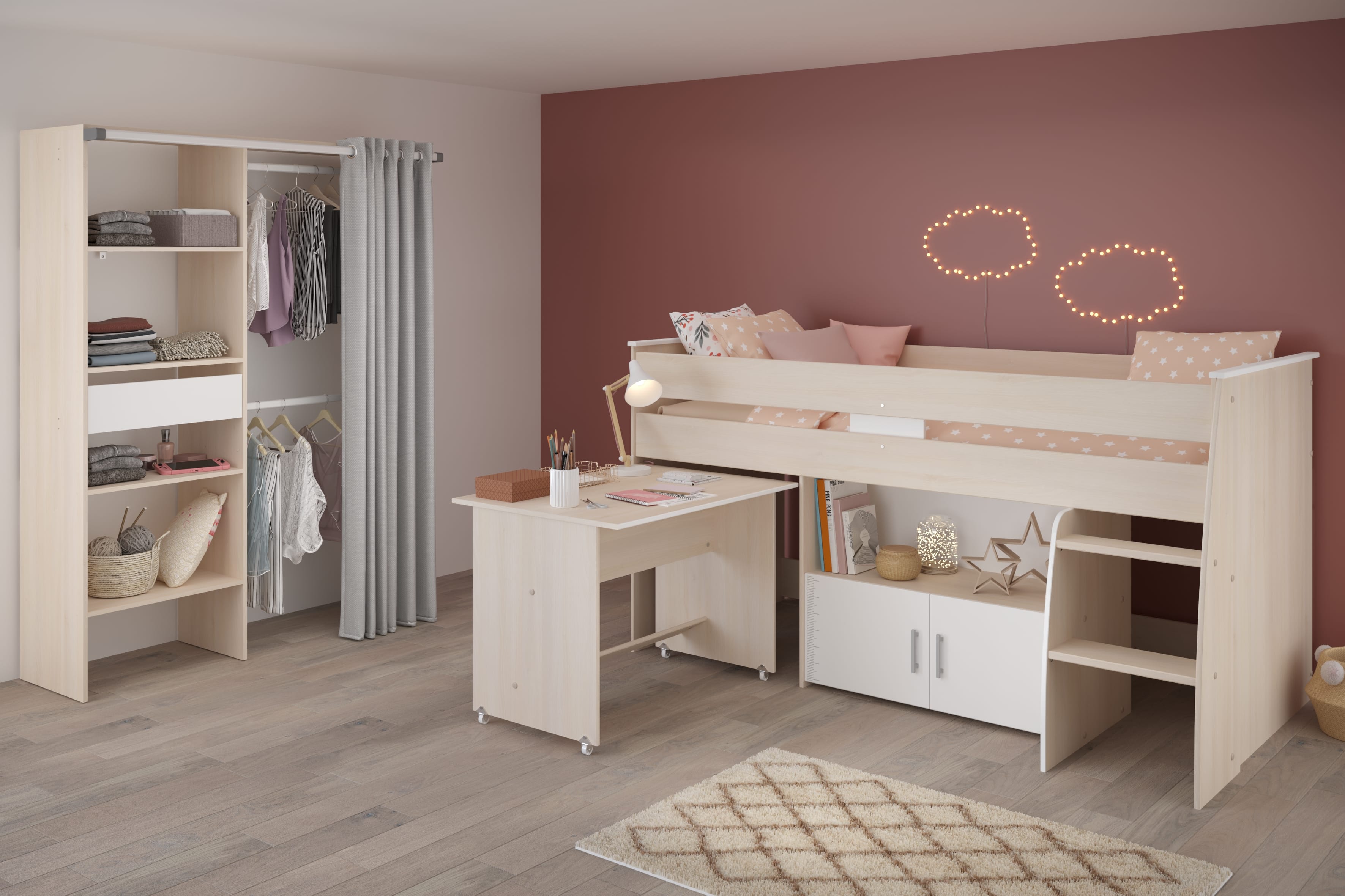 Parisot Charly 22 Jugendzimmer Set mit Hochbett, Schreibtisch, Kleiderschrank & Stauraum