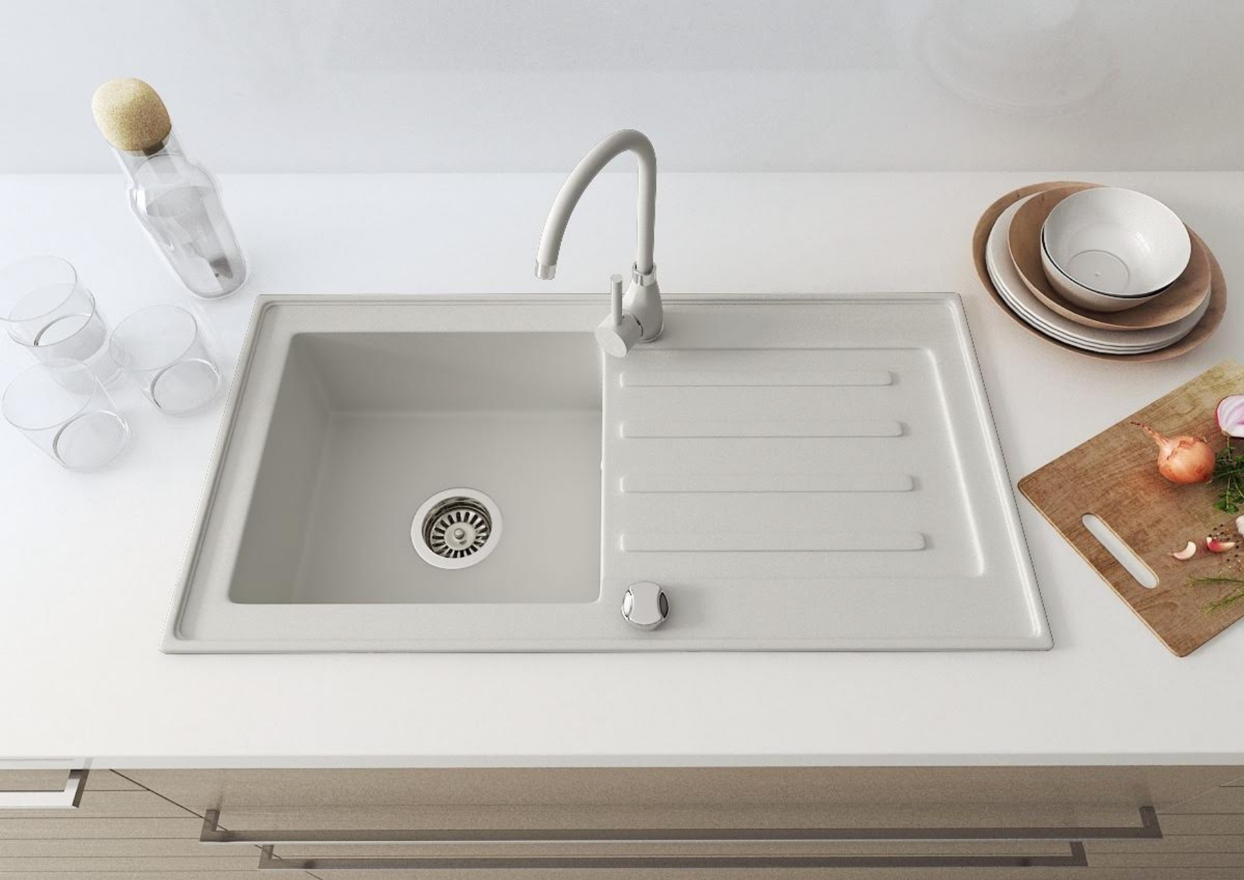 Granitspüle 76x44 cm – Einbauspüle in Farben + Siphon Set