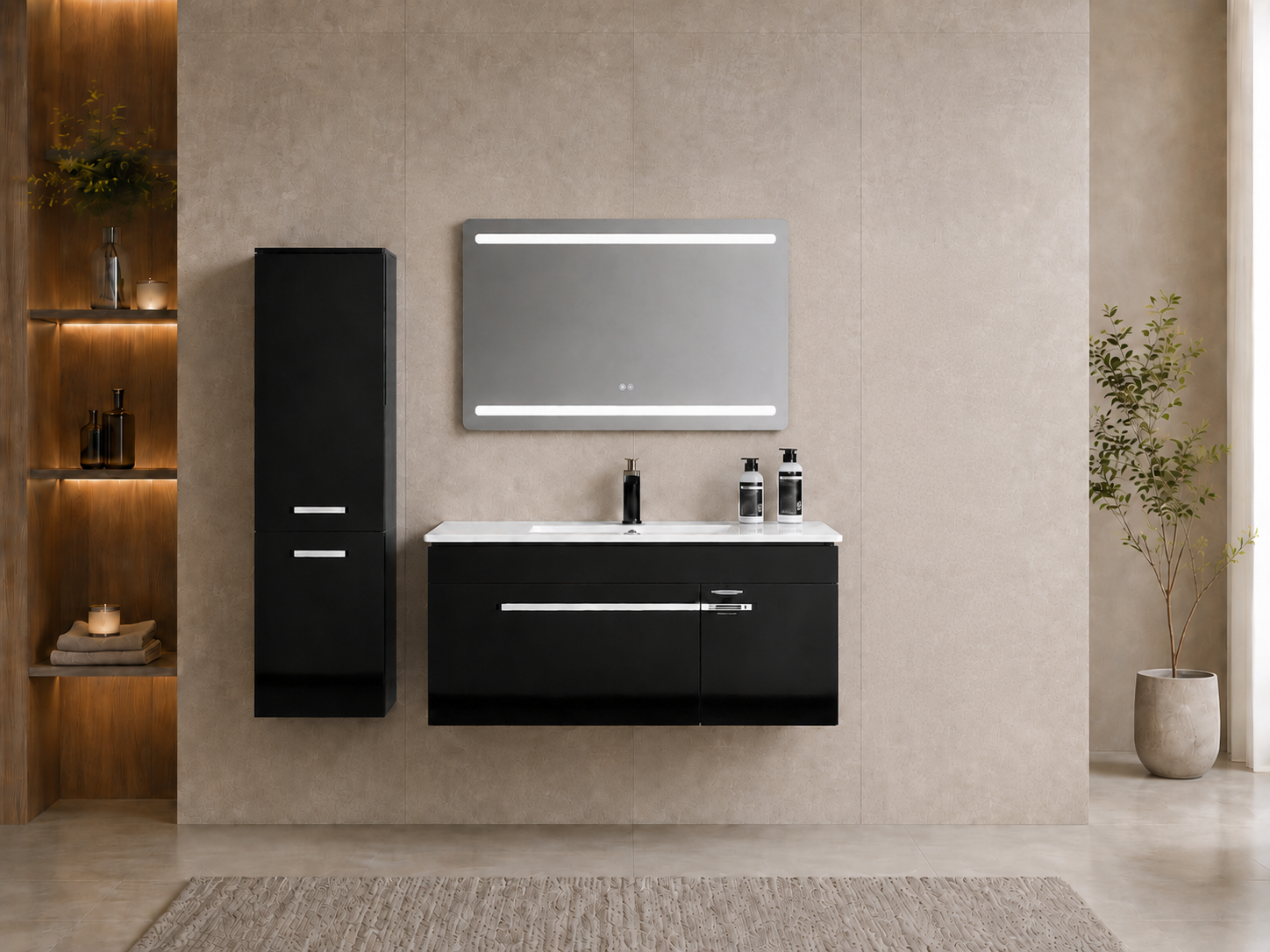Faizee Home Badmöbelset 90 cm Schwarz Hochglanz inkl. Keramik-Waschbecken, LED-Spiegel & optionalen Seitenschränken