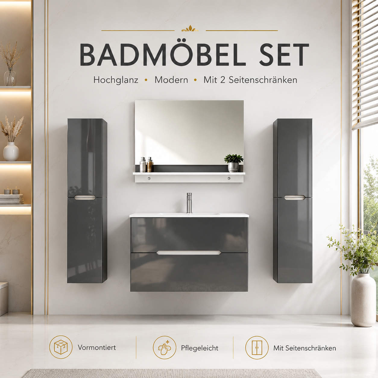 Faizee Home Badmöbelset Aliyah 90 cm Hochglanz Grau Weiß inkl. Waschbecken, Spiegel & Regal