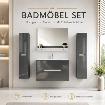 Faizee Home Badmöbelset Aliyah 90 cm Hochglanz Grau Weiß inkl. Waschbecken, Spiegel & Regal