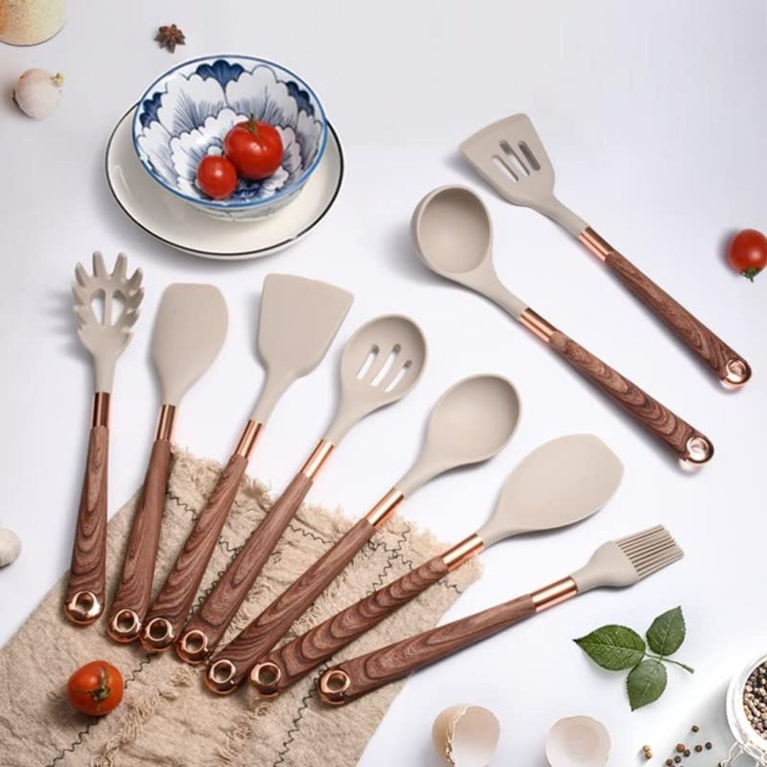 Faizee Home Silikon-Küchenhelfer-Set 10-teilig – Hitzebeständig – Holzoptik-Griffe – Vielseitiges Kochbesteck