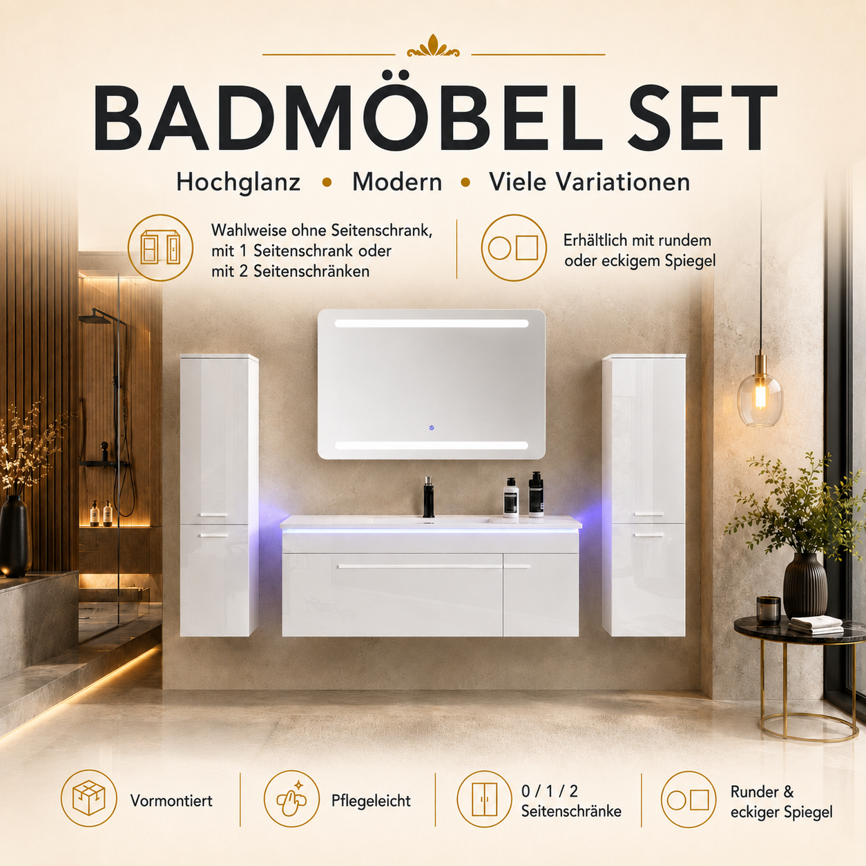 Faizee Home Badmöbelset 120 cm Hochglanz inkl. Keramik-Waschbecken, LED-Spiegel & 2 Seitenschränken