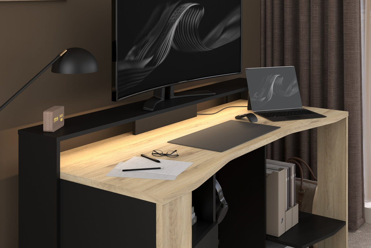 Faizee Home Parisot Meta 11 Gaming Set – Gaming Schreibtisch mit LED-Beleuchtung & Regal Schwarz/Holzoptik