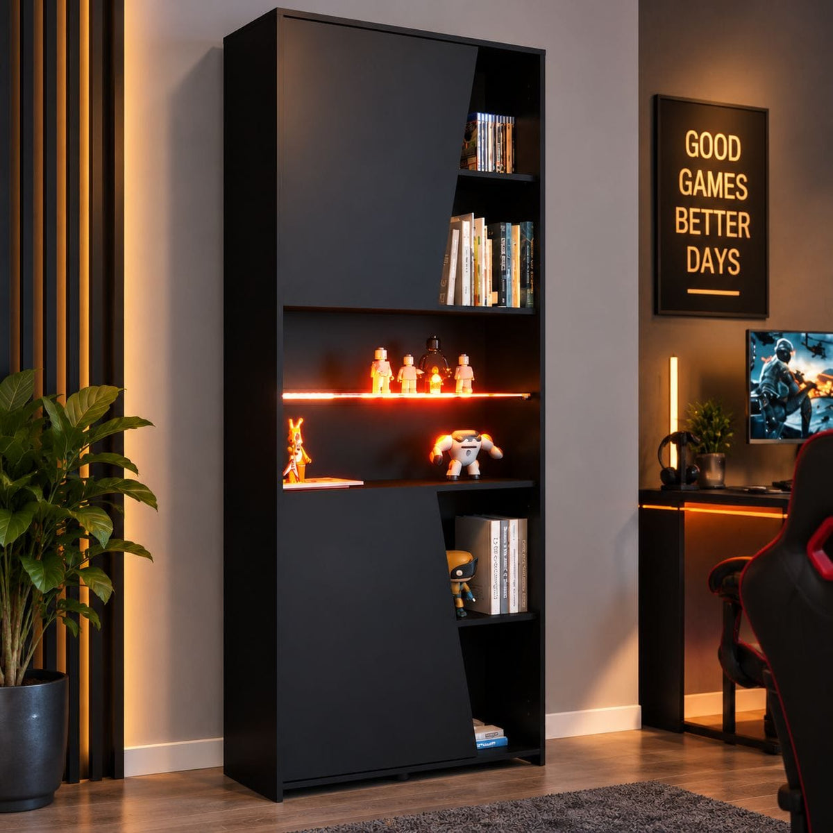 Parisot Meta 12 Gaming Set mit LED – Gaming-Schreibtisch & Regal in Schwarz/Holzoptik
