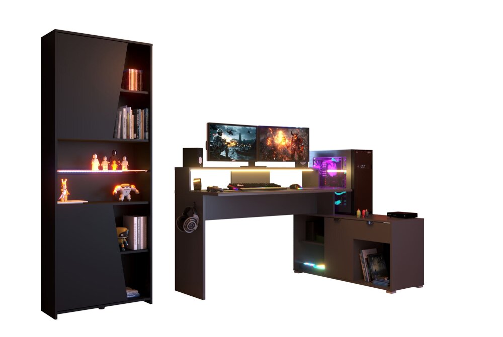 Parisot Work 2 Gaming Set XXL – Gaming-Schreibtisch mit Monitorbrücke, LED & Stauraum-Regal