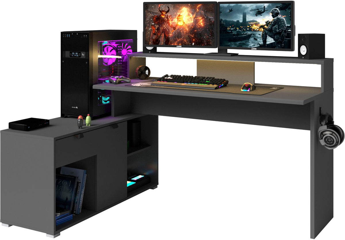Parisot Work 11 Gaming Tisch 2-teilig – Gaming Eckschreibtisch mit LED Farbwechsel, Headsethalter & Fächern
