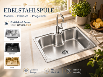 Faizee Home Edelstahlspüle 60 × 42 × 20 cm – 0,8 mm Edelstahl – Silber, Schwarz oder Gold – Mit Siphon-Set