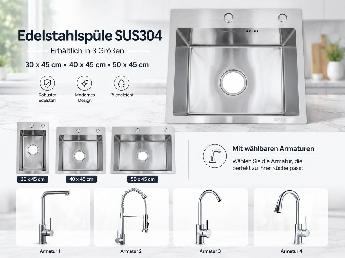 Faizee Home Future Serie Edelstahlspüle Silber mit Spülkorb, Seifenspender & Armaturenauswahl
