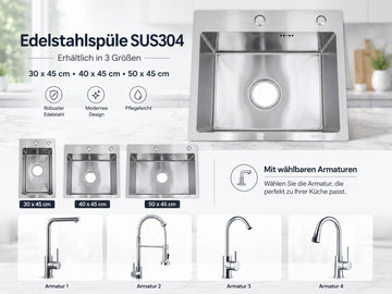 Faizee Home Future Serie Edelstahlspüle Silber mit Spülkorb, Seifenspender & Armaturenauswahl