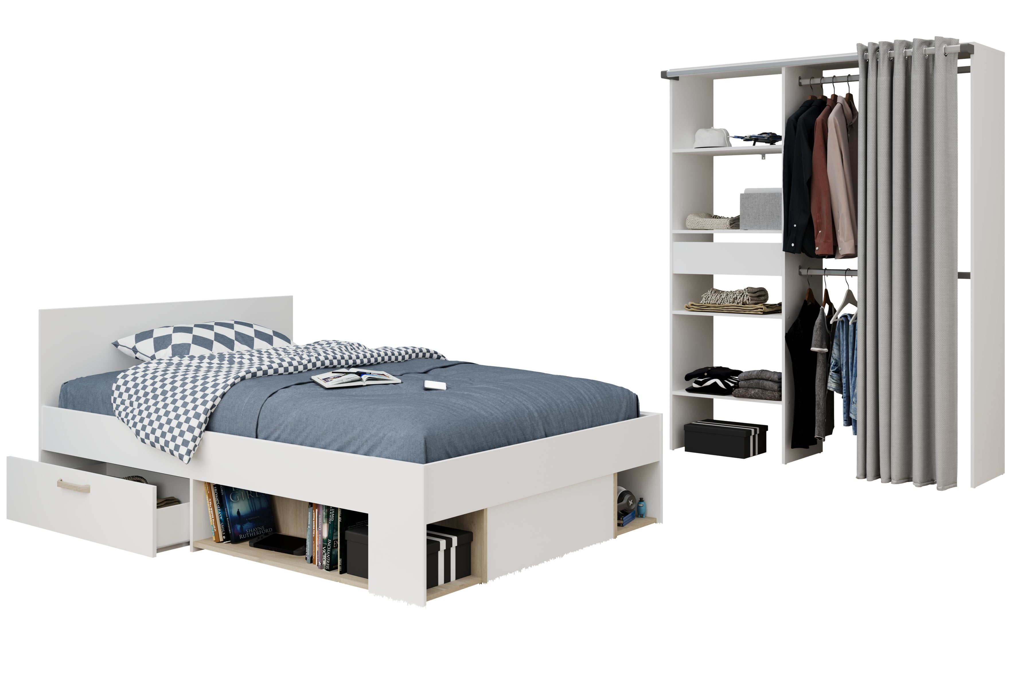 Parisot - Achille 22 | Jugendzimmer – Bett 120x200 cm mit Stauraum & Kleiderschrank mit Regalen und Kleiderstange