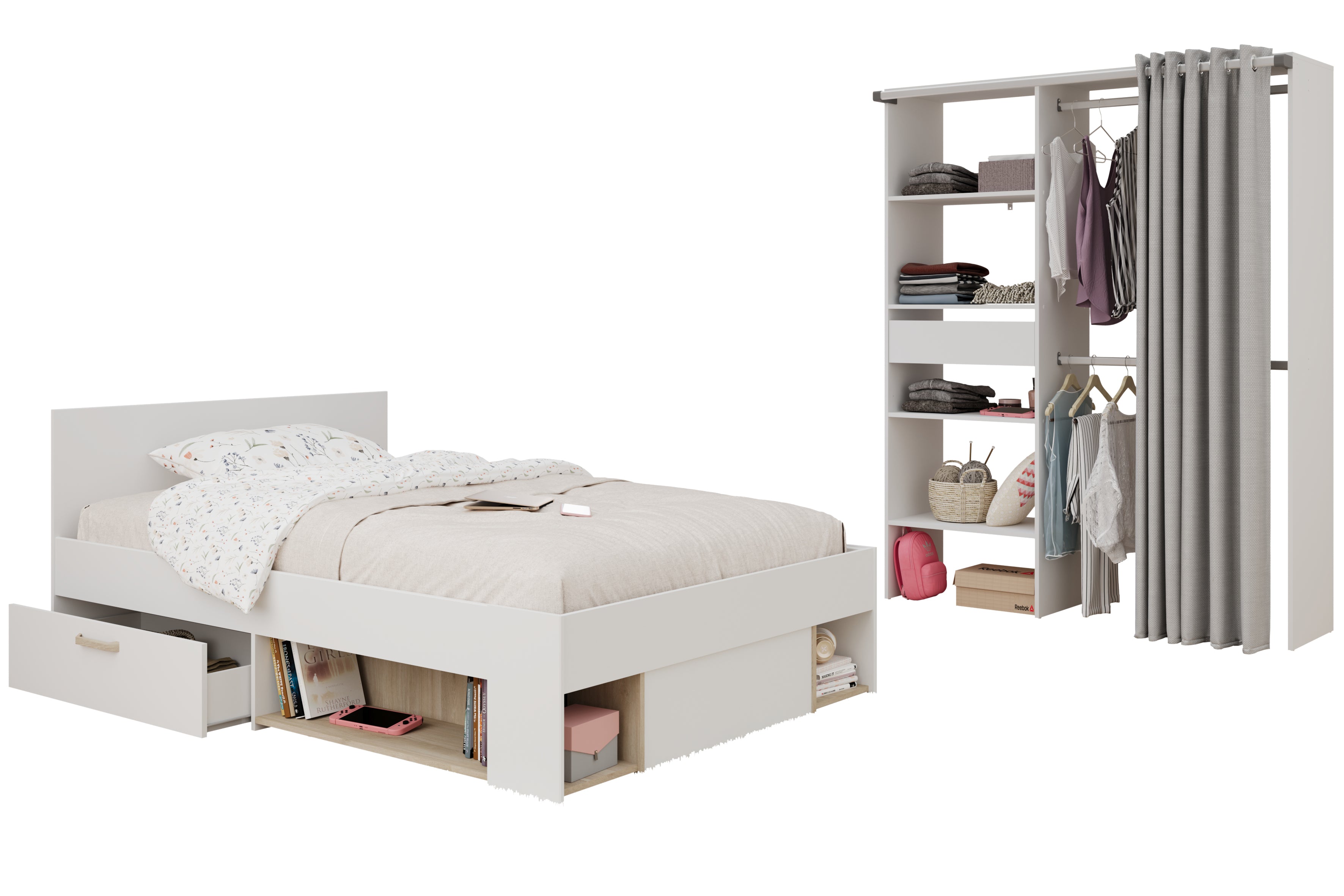 Parisot - Achille 22 | Jugendzimmer – Bett 120x200 cm mit Stauraum & Kleiderschrank mit Regalen und Kleiderstange