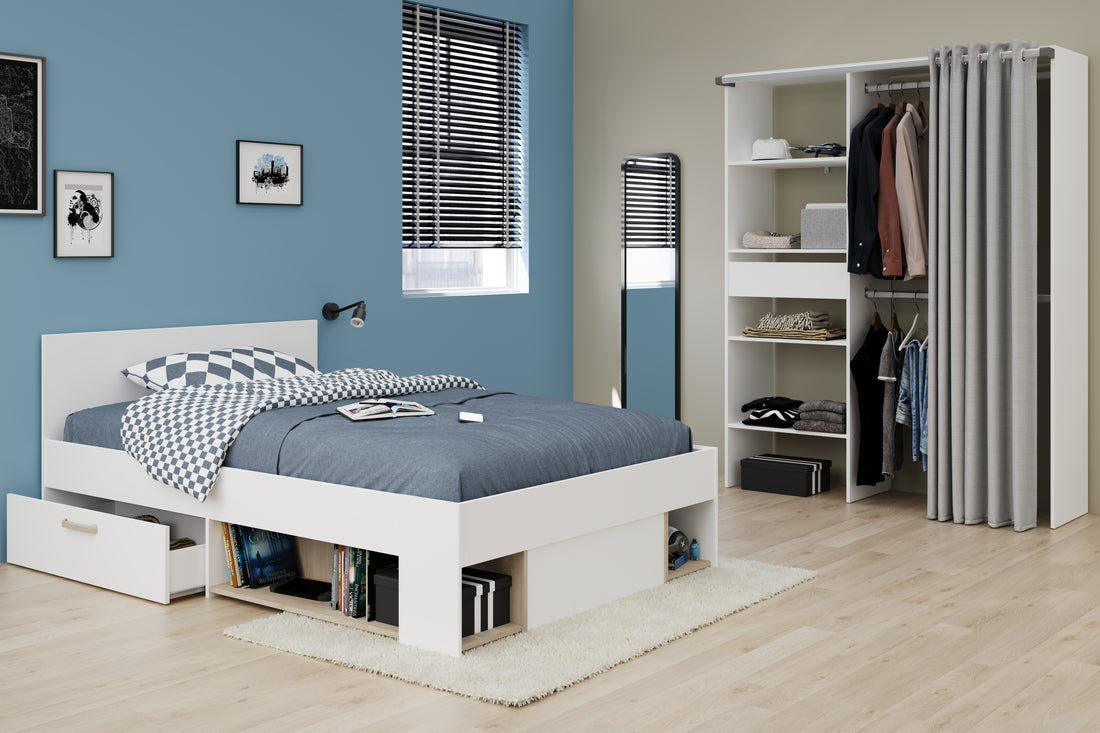 Parisot - Achille 22 | Jugendzimmer – Bett 120x200 cm mit Stauraum & Kleiderschrank mit Regalen und Kleiderstange