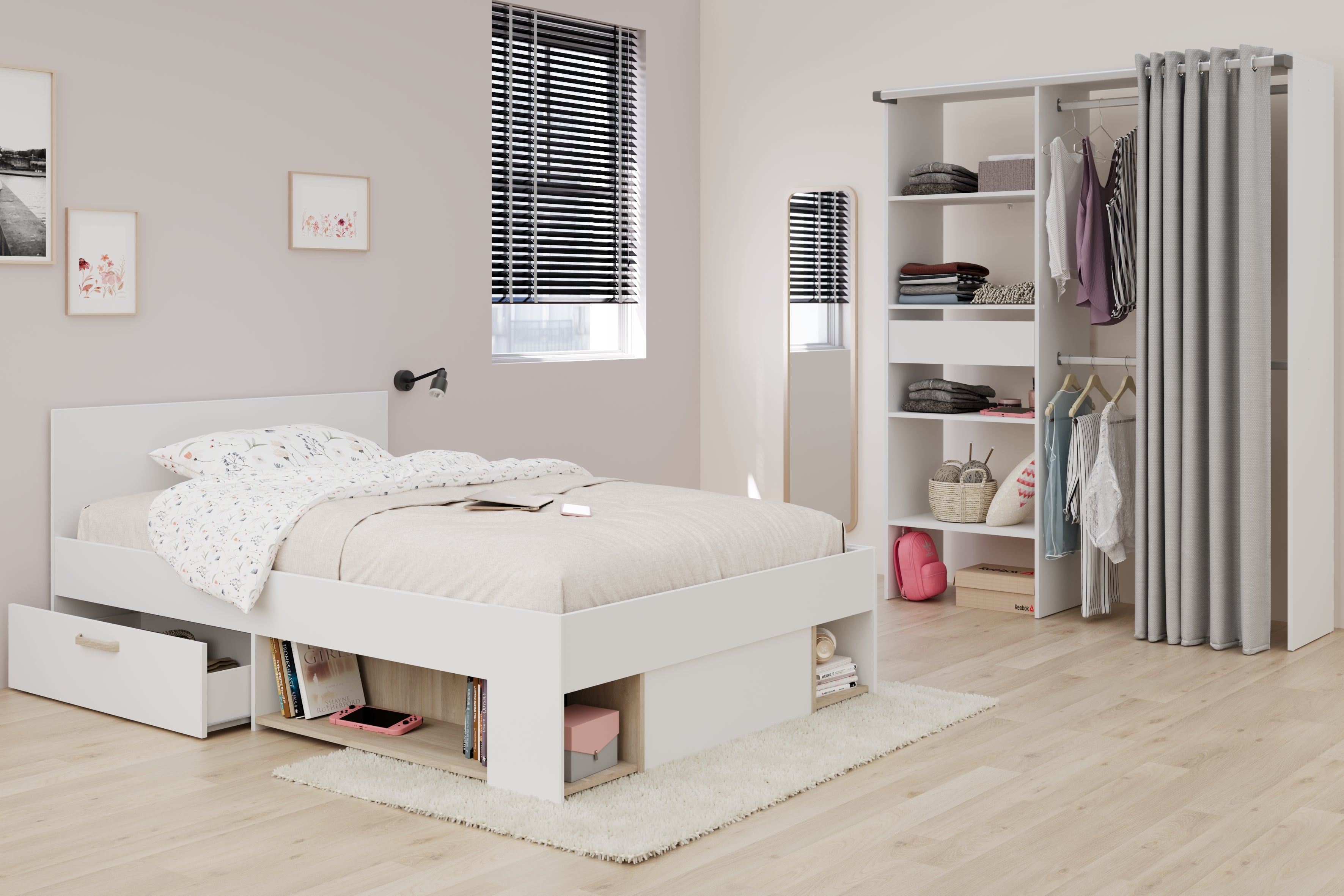 Parisot - Achille 22 | Jugendzimmer – Bett 120x200 cm mit Stauraum & Kleiderschrank mit Regalen und Kleiderstange