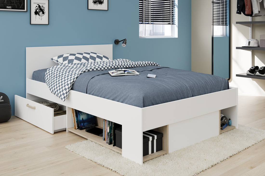 Parisot - Achille 1 | Stauraumbett 120x200 cm – Bett mit Schublade & Stauraumfächern – Modernes Jugendbett Weiß