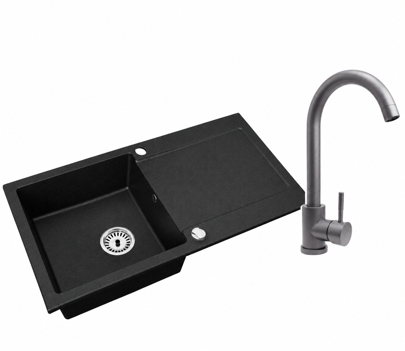 Granitspüle Element mit Abtropffläche – Einbauspüle beidseitig montierbar, inkl. Siphon Mit Armatur