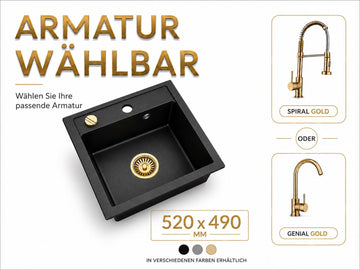 Faizee Home Granitspüle Milano 52 × 49 cm – inkl. goldenem Siphon & wählbarer Armatur Genial Gold oder Spiral Gold