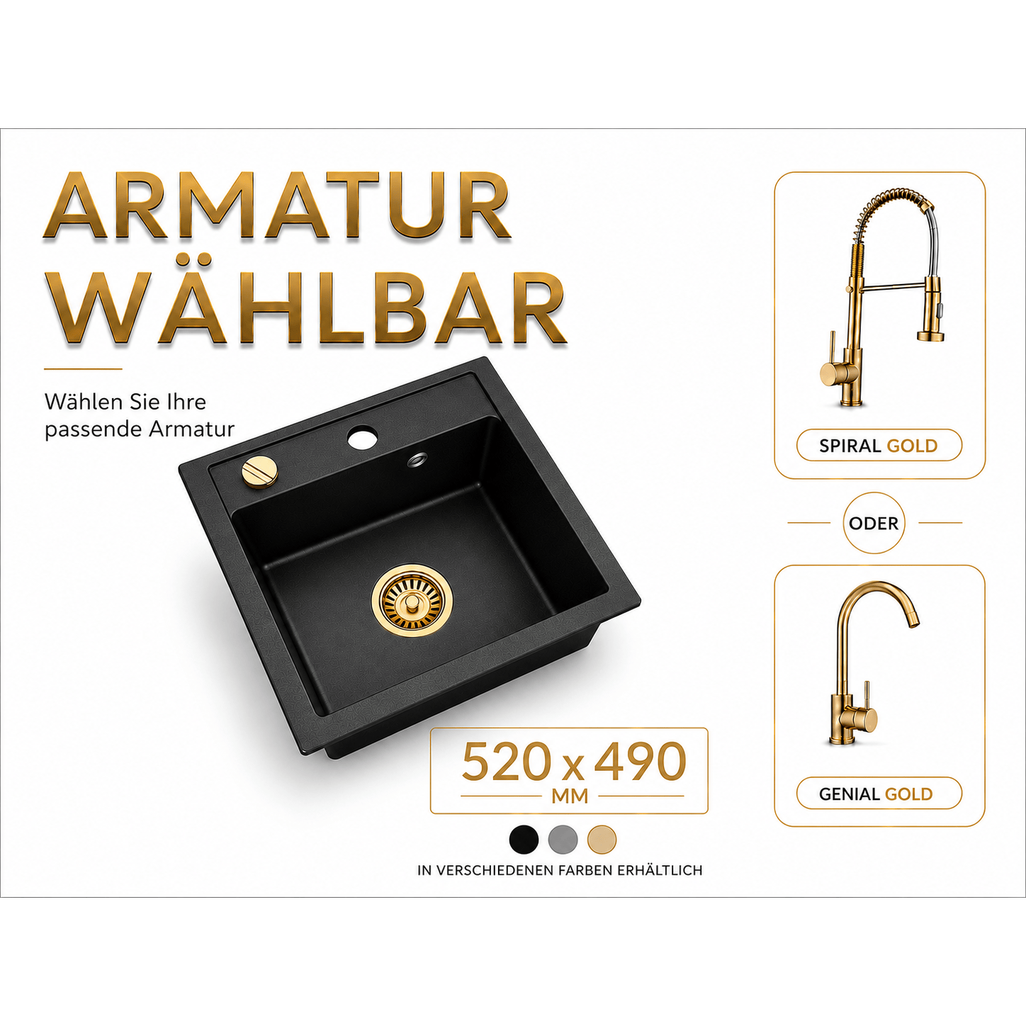 Faizee Home Granitspüle Milano 52 × 49 cm – inkl. goldenem Siphon & wählbarer Armatur Genial Gold oder Spiral Gold