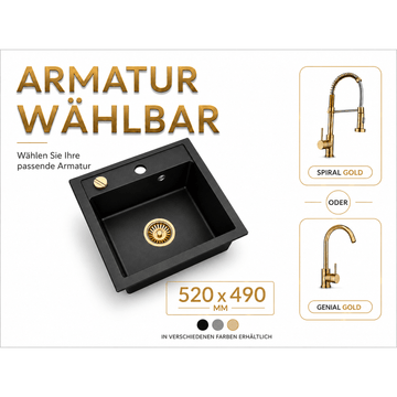 Faizee Home Granitspüle Milano 52 × 49 cm – inkl. goldenem Siphon & wählbarer Armatur Genial Gold oder Spiral Gold
