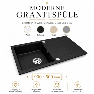 Granitspüle Element 90x50 cm mit Abtropffläche – Einbauspüle beidseitig montierbar, inkl. Siphon