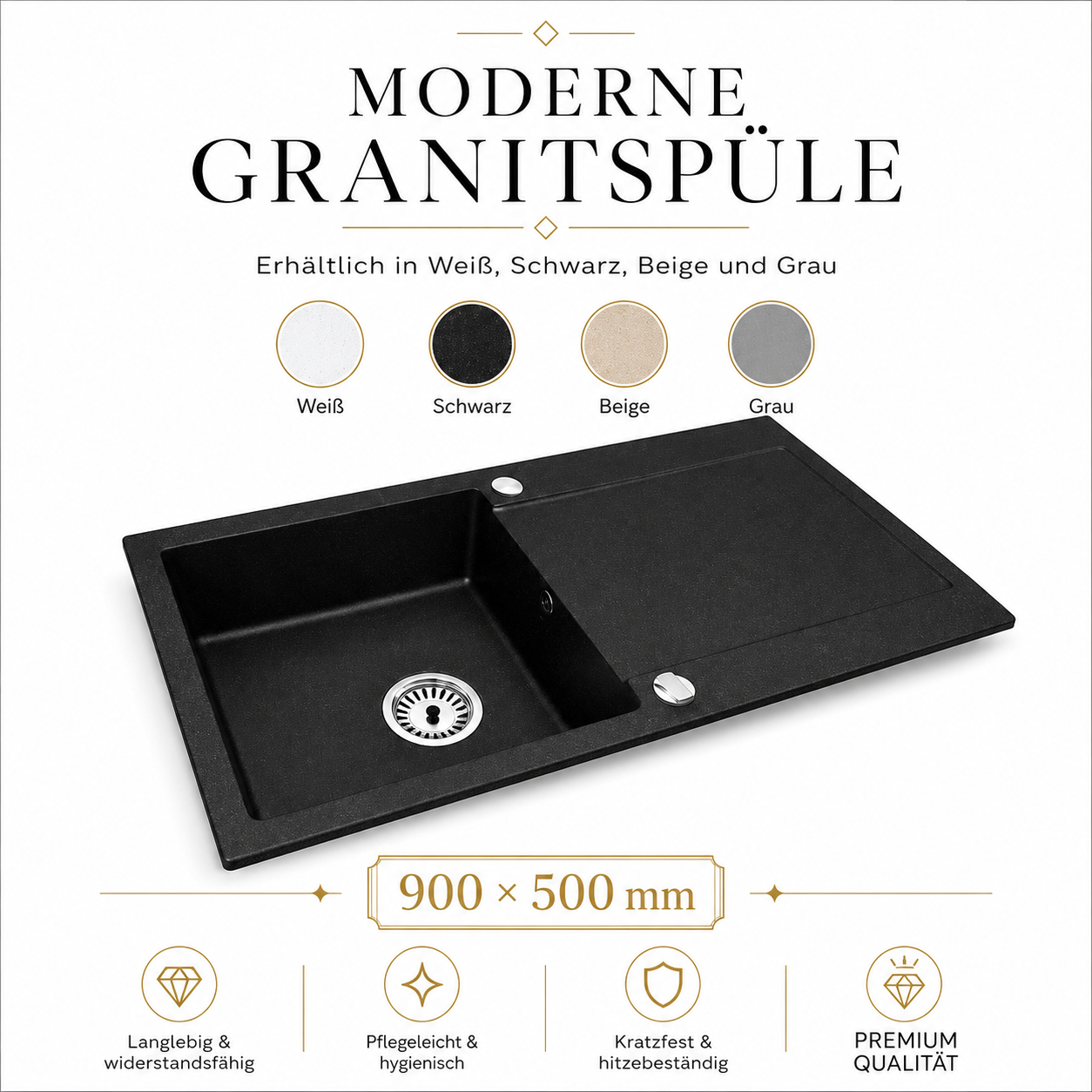 Granitspüle Element 90x50 cm mit Abtropffläche – Einbauspüle beidseitig montierbar, inkl. Siphon