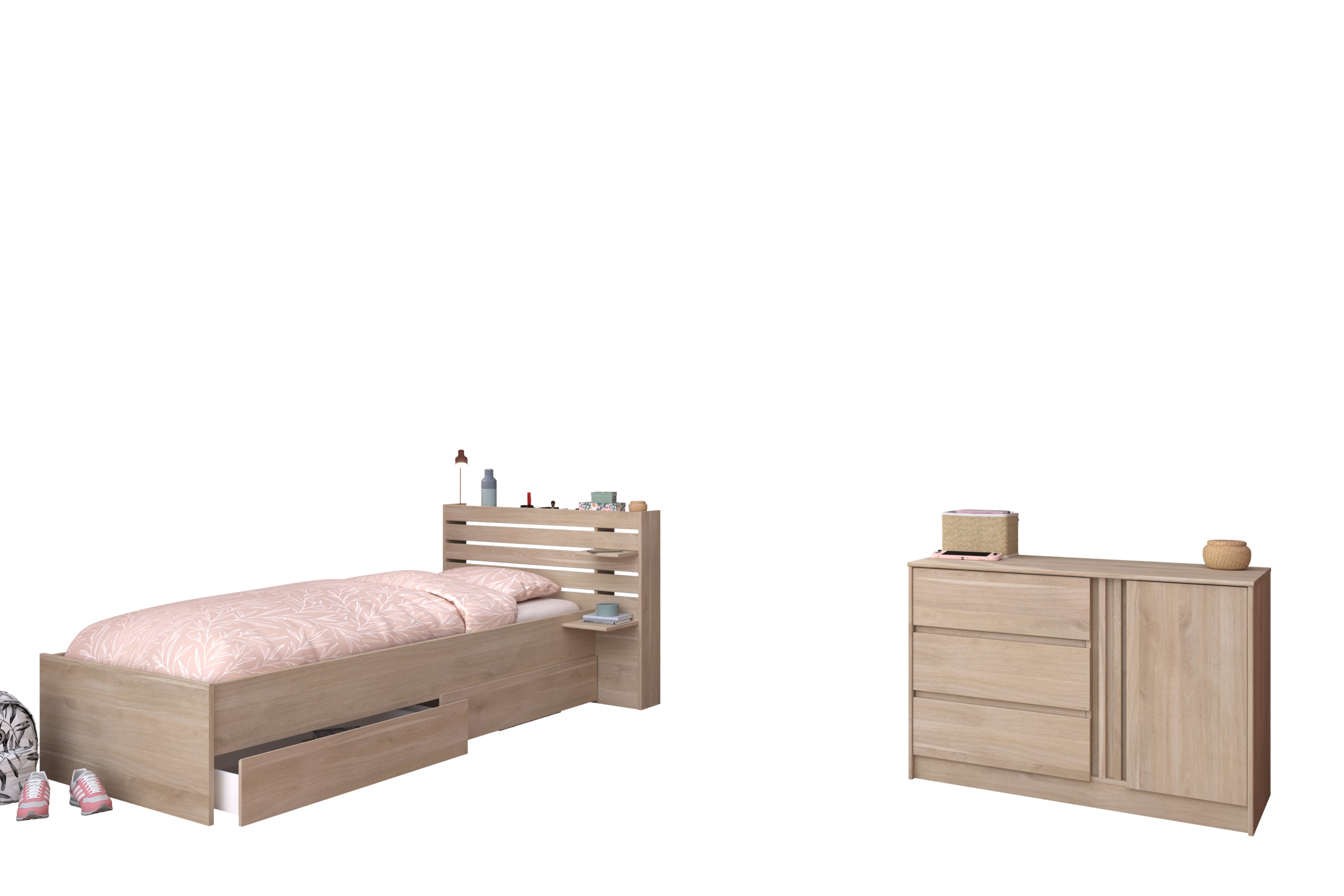 Parisot - Escale 11 | Jugendzimmer-Set – Stauraumbett mit 2 Schubkästen & Kommode 90 x 200 cm
