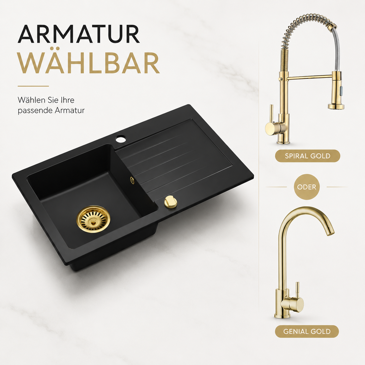Granitspüle Alisha 75 x 43,5 cm mit Armaturenauswahl Gold – inkl. Siphon-Set