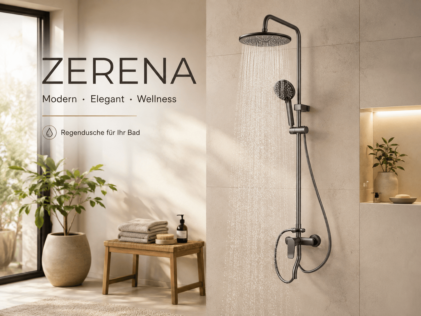 Faizee Home Duschsystem Schwarz – Regendusche mit Handbrause, höhenverstellbarer Duschstange & Einhebelmischer