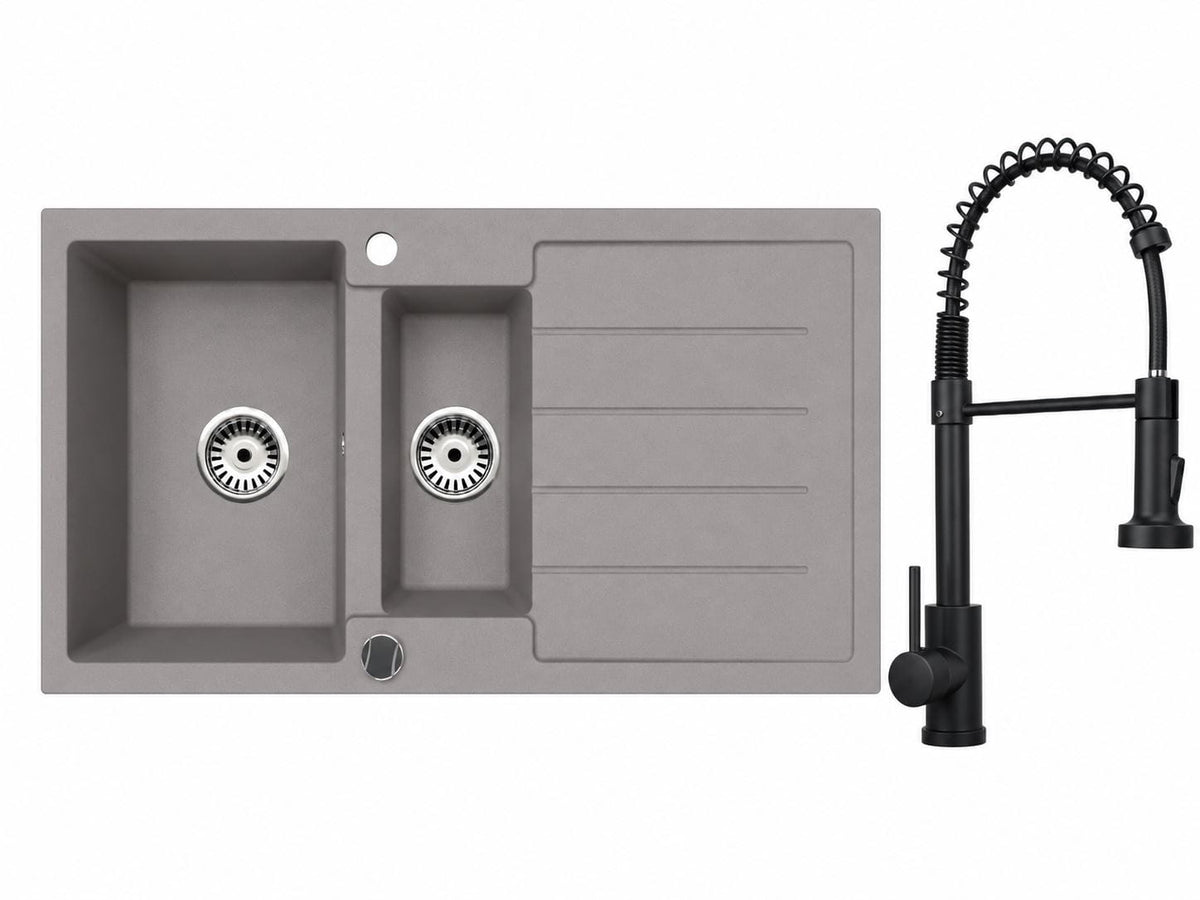 Faizee Home Granitspüle 100 × 50 cm mit 1,5 Becken – inkl. wählbarer Armatur & Siphon-Set