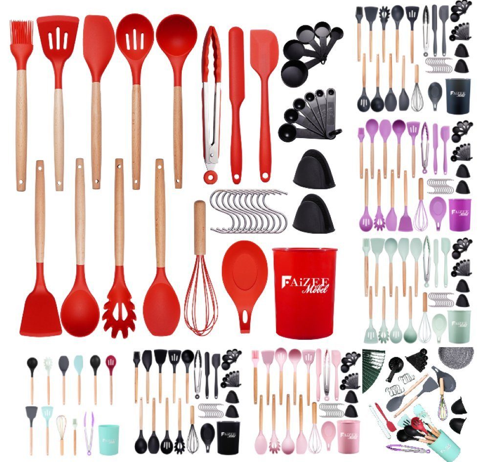 38-tlg. Silikon Küchenhelfer Set mit Holzgriff