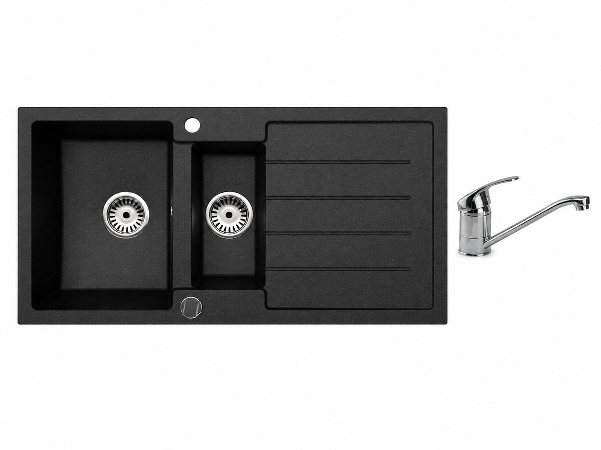 Faizee Home Granitspüle 100 × 50 cm mit 1,5 Becken – inkl. wählbarer Armatur & Siphon-Set