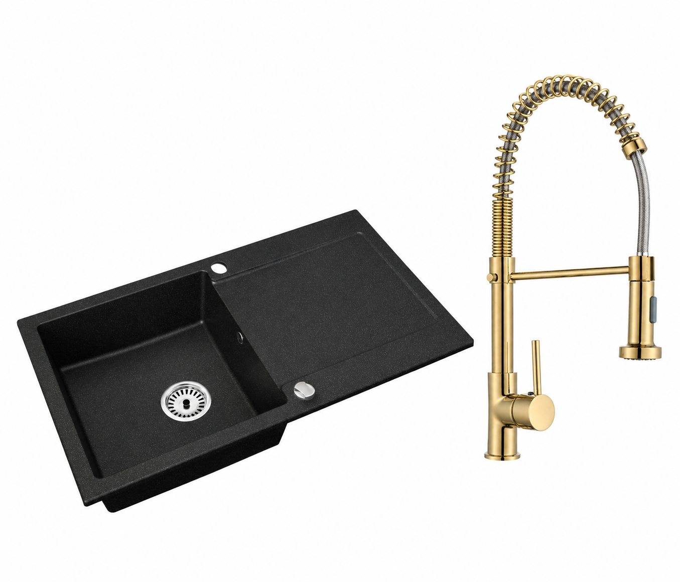 Granitspüle Element mit Abtropffläche – Einbauspüle beidseitig montierbar, inkl. Siphon Mit Armatur