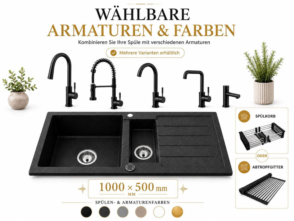 Faizee Home Granitspüle 100 × 50 cm mit 1,5 Becken – inkl. wählbarer Armatur & Siphon-Set