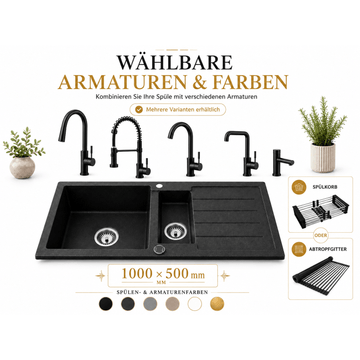 Faizee Home Granitspüle 100 × 50 cm mit 1,5 Becken – inkl. wählbarer Armatur & Siphon-Set
