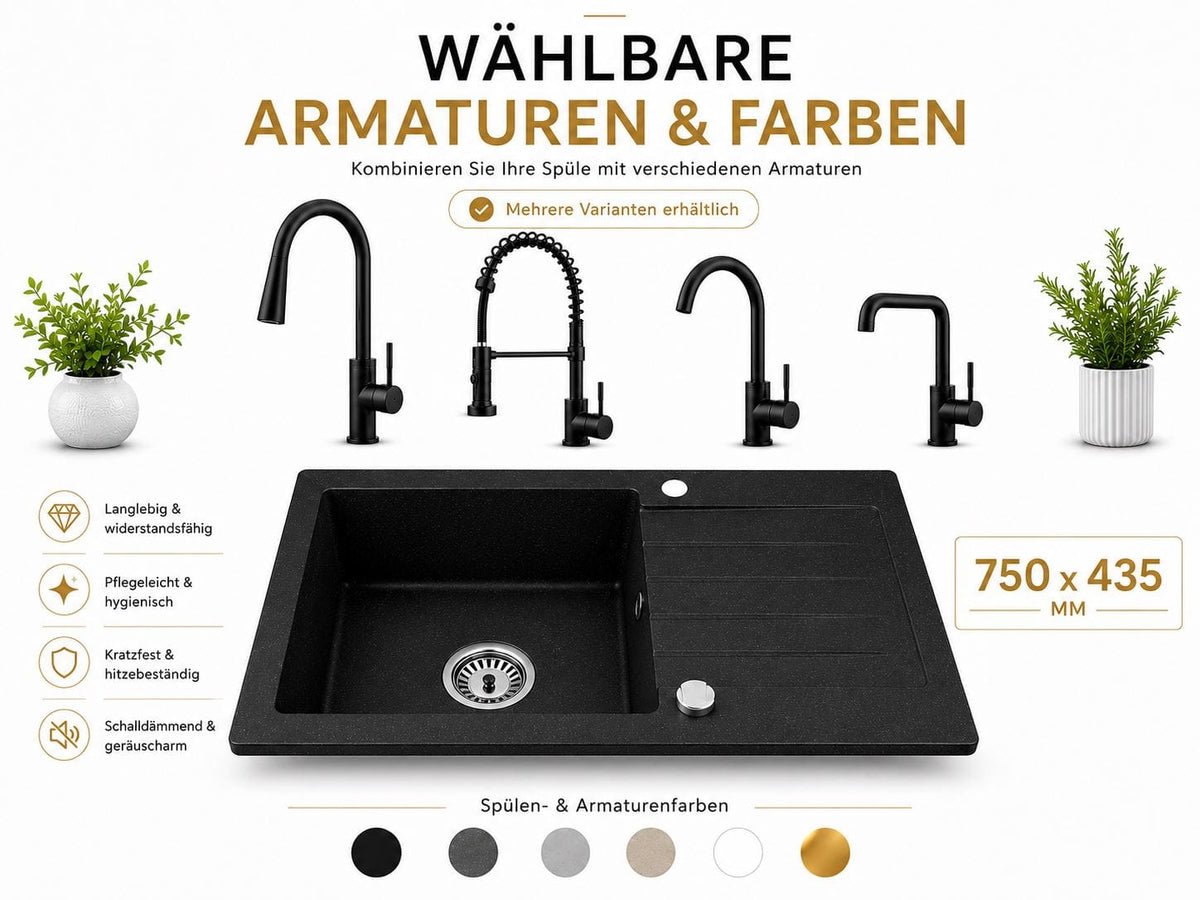 Granitspüle Alisha 75x43,5 cm mit Abtropffläche – Einbauspüle beidseitig montierbar, inkl. Siphon Mit Armatur