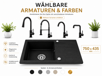 Granitspüle Alisha 75x43,5 cm mit Abtropffläche – Einbauspüle beidseitig montierbar, inkl. Siphon Mit Armatur