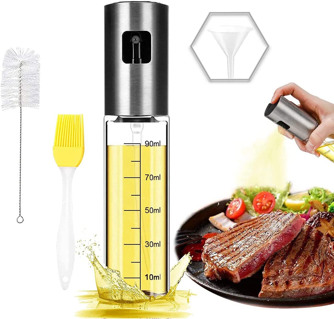 Faizee Home Ölsprüher 100 ml – Glas & Edelstahl – Für Öl, Essig, Airfryer, Grill & Salat