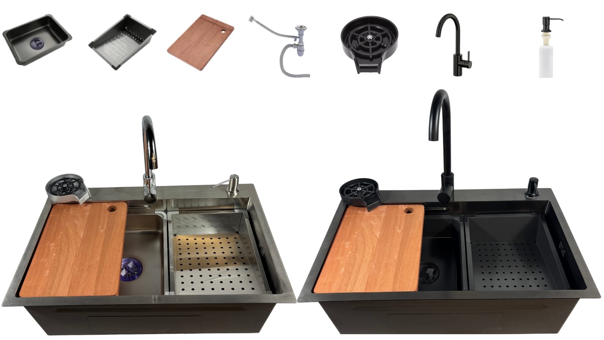 Faizee Home Quantum Edelstahlspüle 75 × 45 × 23 cm – Workstation mit Armatur, Glasreiniger & Zubehör – Graphit oder Silber