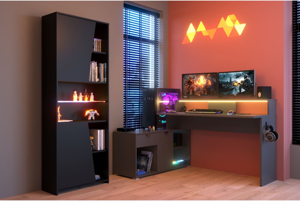 Parisot Work 2 Gaming Set XXL – Gaming-Schreibtisch mit Monitorbrücke, LED & Stauraum-Regal